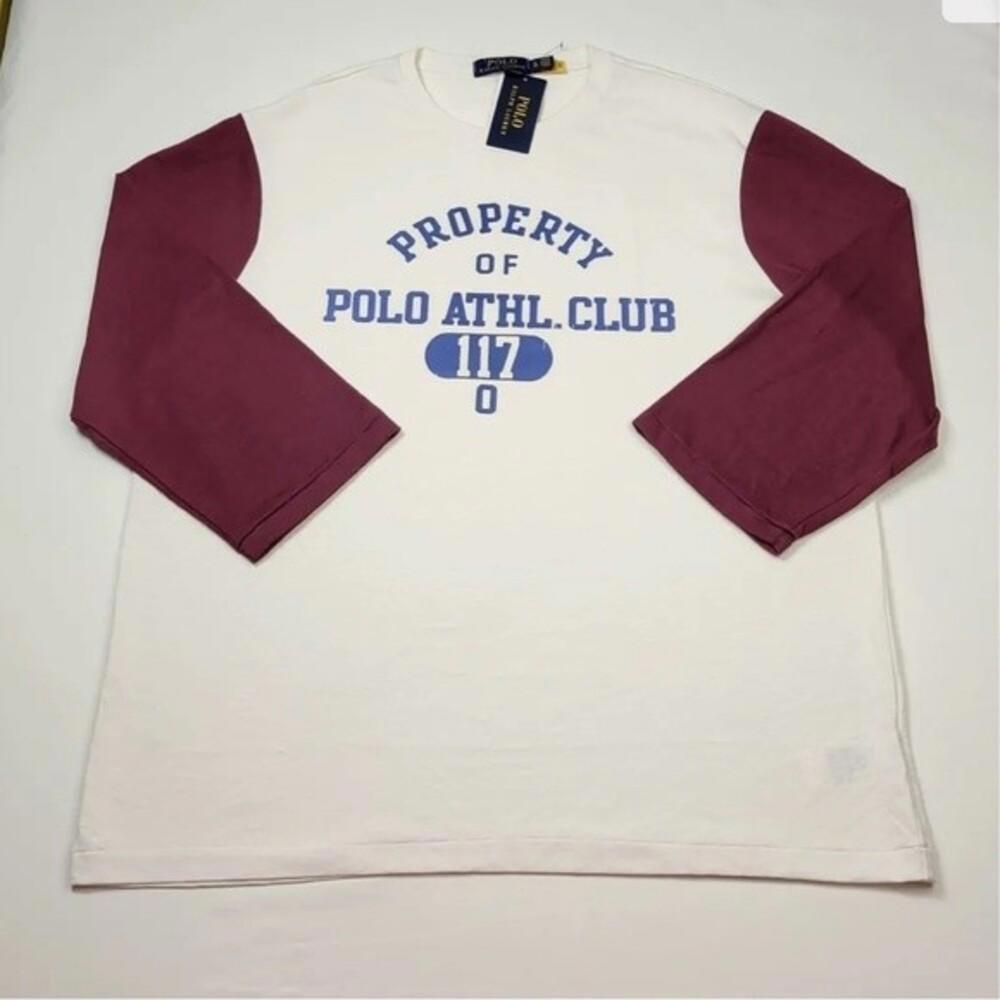 Ralph Lauren White Tee with Burgundy Sleeves and Blue Logo